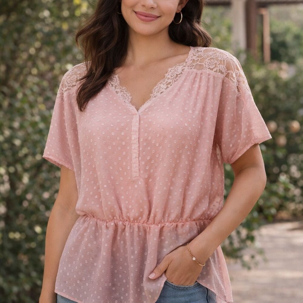 NY Collection Blush Pink Sheer‎ Blouse M | Lace Yoke | Romantic Top